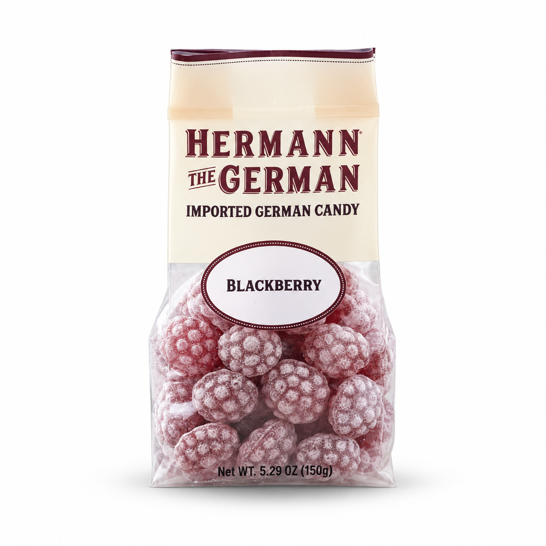 Hermann the German Blackberry Candy, 150 g bag, front view