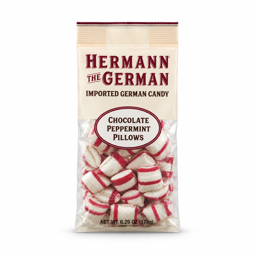 Hermann the German Chocolate Filled Peppermint Pillows Candy package on a white background