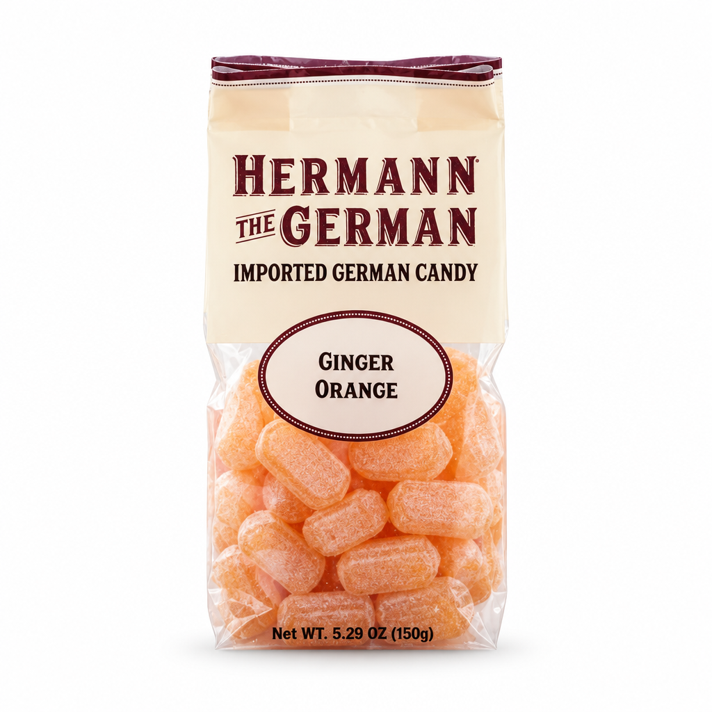 Hermann the German Ginger Orange Candy package on a white background