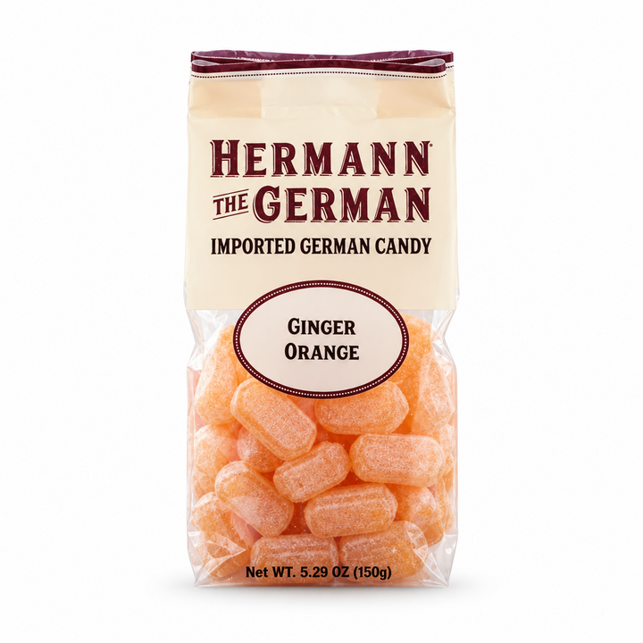 Hermann the German Ginger Orange Candy package on a white background