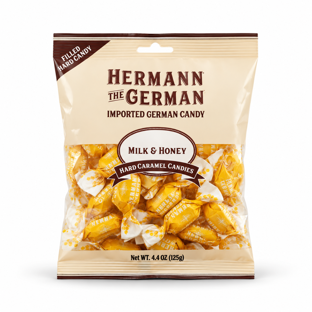 Hermann the German Milk & Honey hard caramel candies, 125 g bag