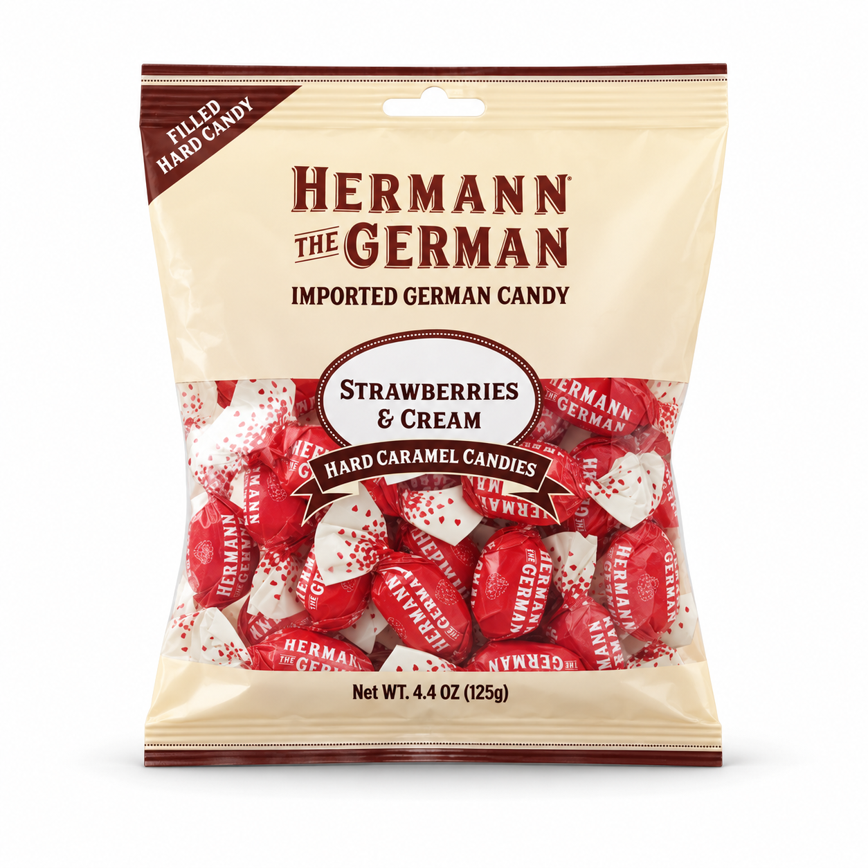 Hermann the German Strawberries & Cream hard caramel candies, 125 g bag