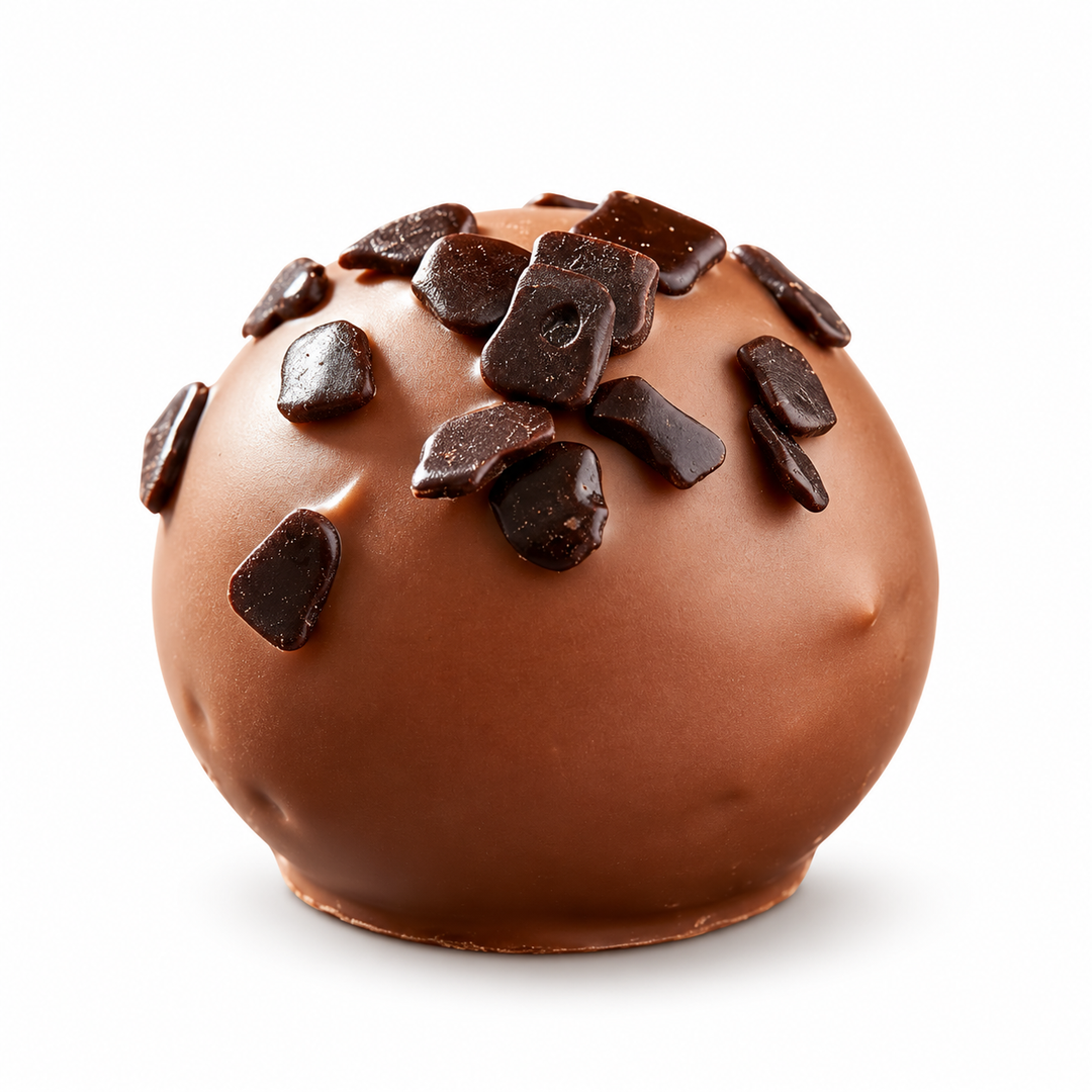 Ickx Arkin Irish Cream round praline topped with chocolate flakes, 15.3 g