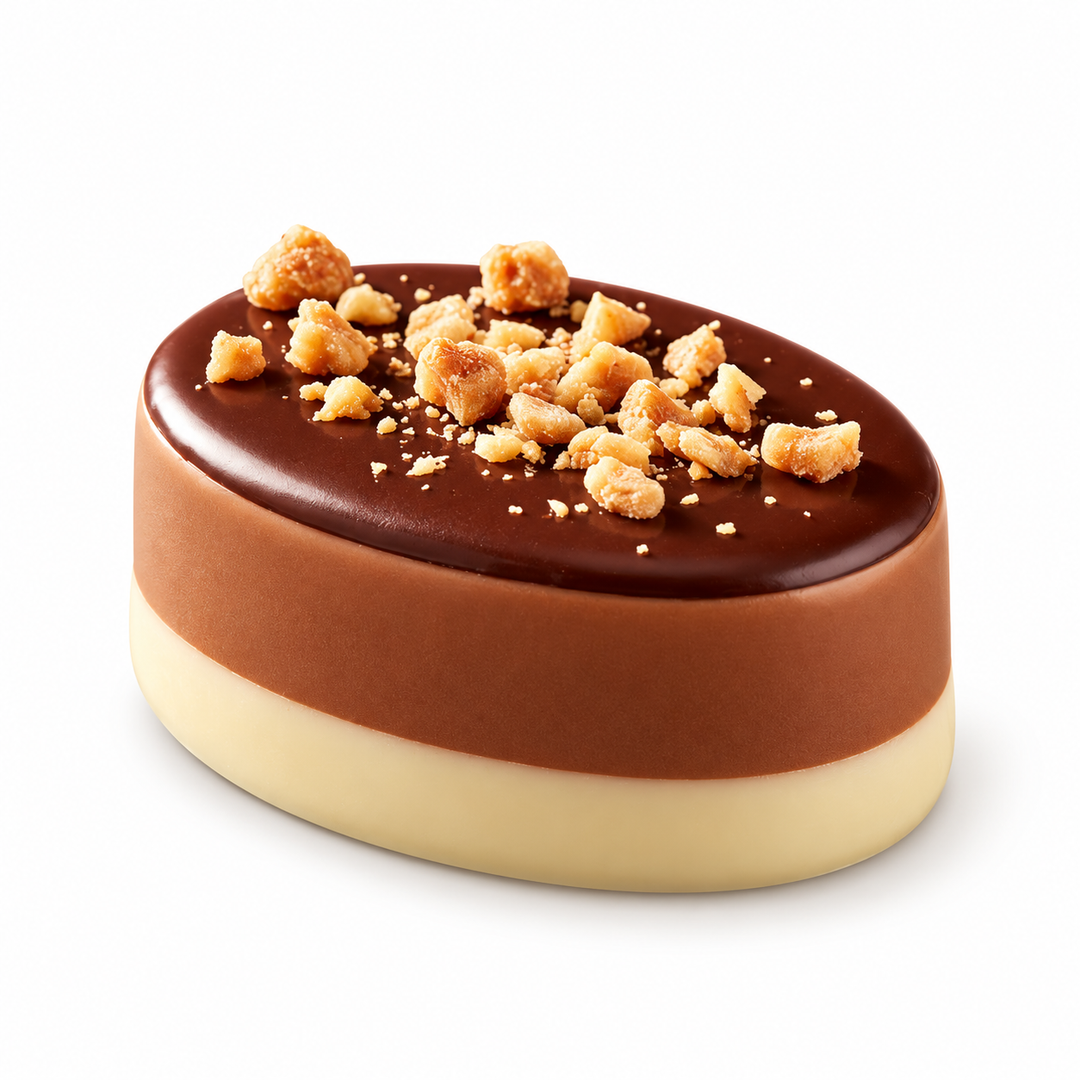 Ickx Cognac Caramel oval praline topped with caramelized nut pieces, 14 g