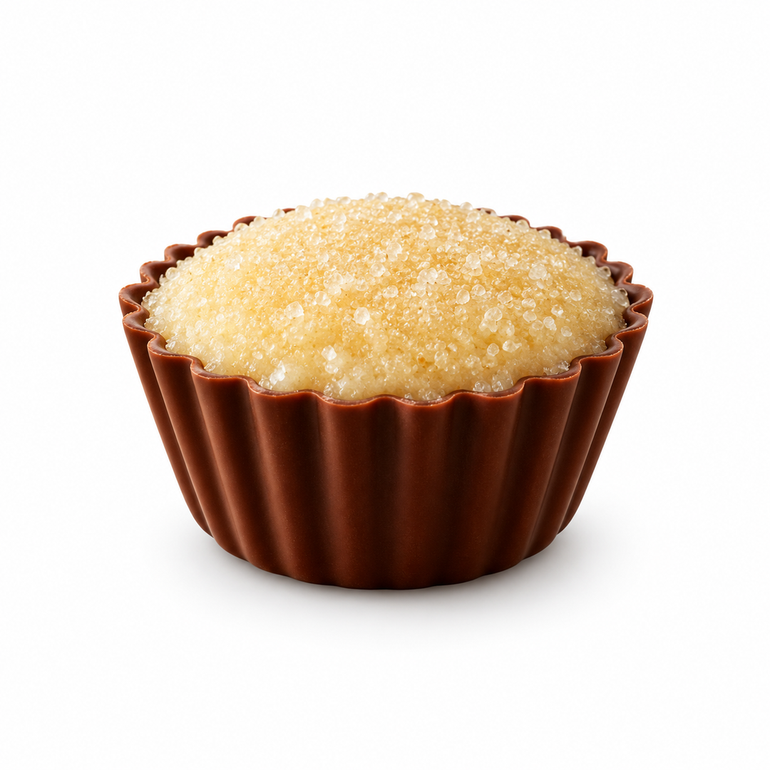 Ickx Crème Brûlée praline in a fluted chocolate cup, 14.5 g