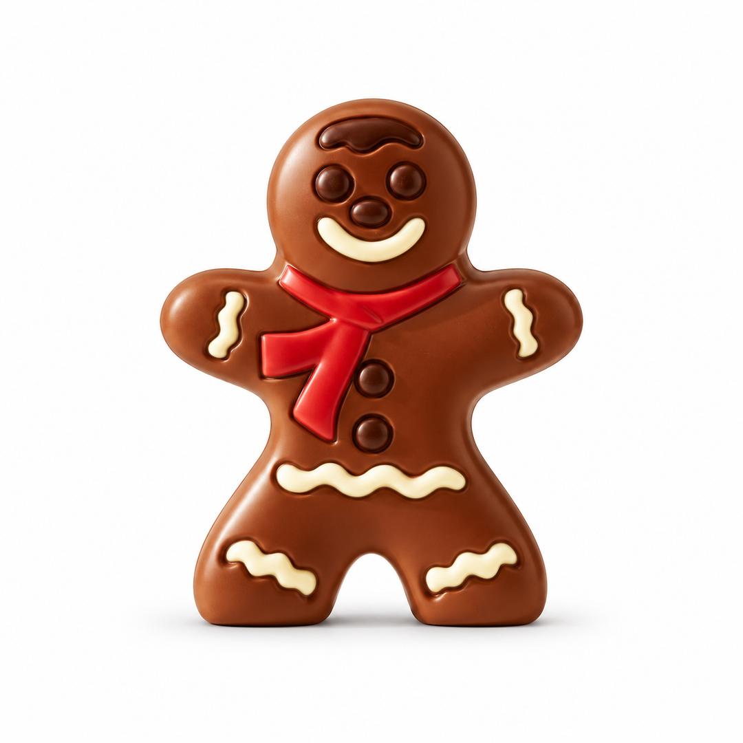 Ickx decorated hollow milk chocolate gingerbread man, 60 g, unbagged front view