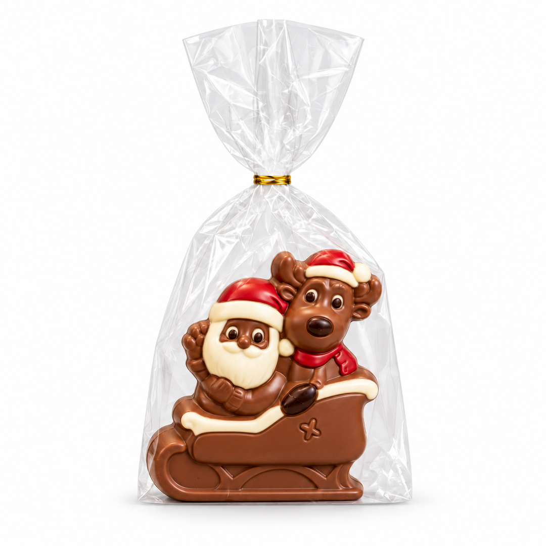 Ickx hollow milk chocolate Santa and reindeer sleigh, 110 g, in a clear bag