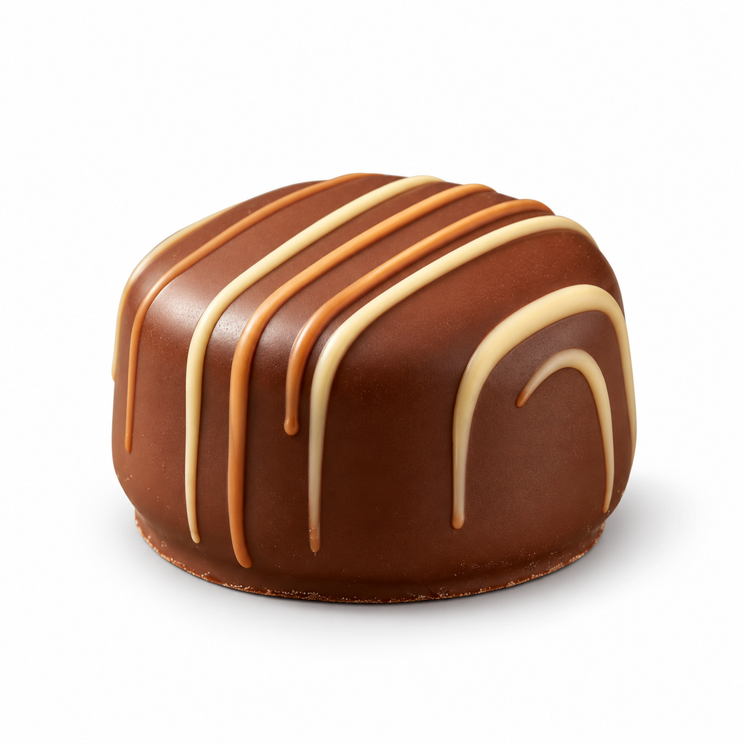 Ickx Honey and Crunch rounded-square praline with chocolate stripes, 16.4 g