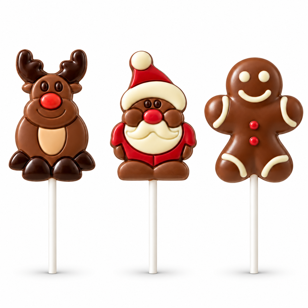 Ickx reindeer, Santa and gingerbread man chocolate lollipops, 30 g assorted designs