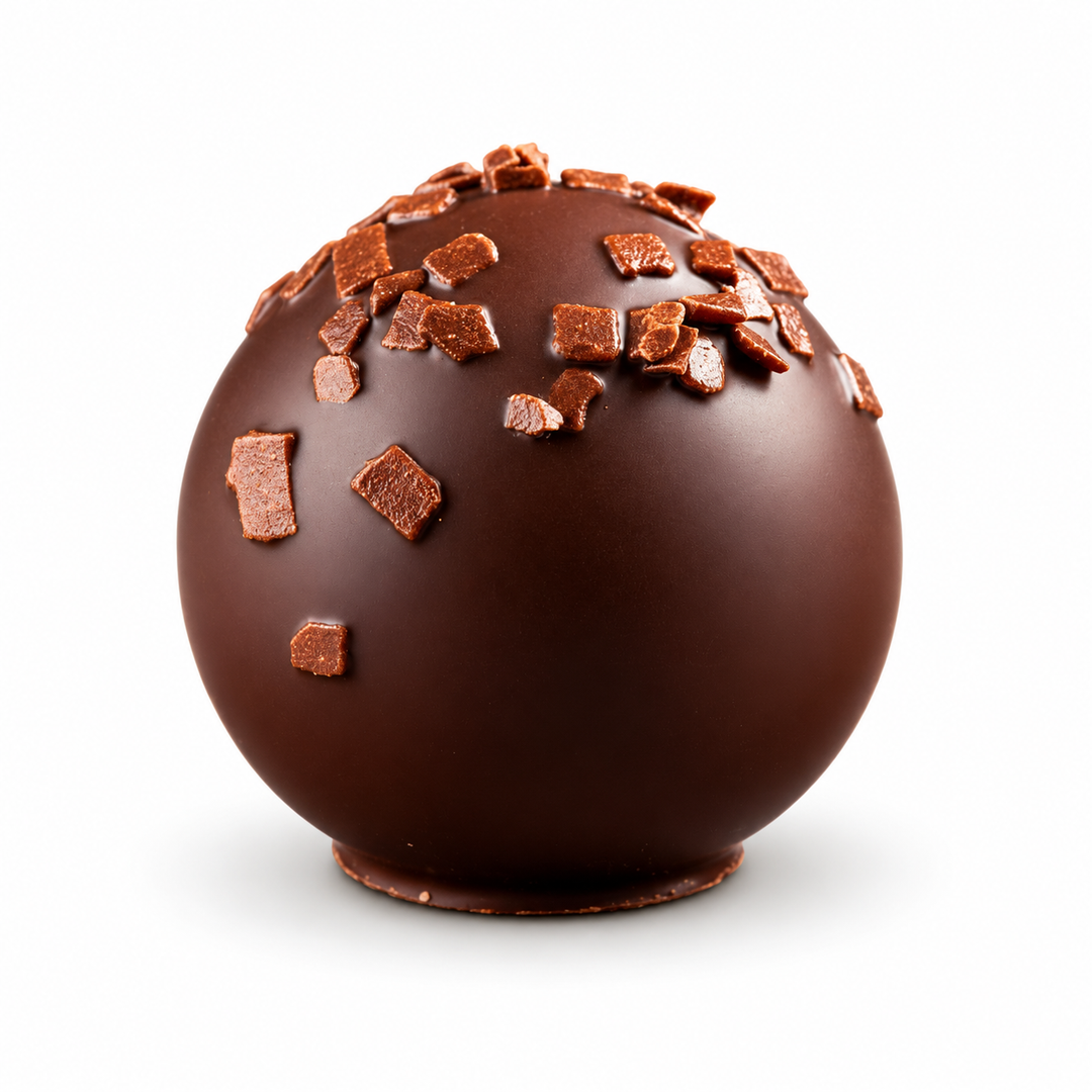 Ickx Sanna Salted Caramel round praline topped with dark chocolate flakes, 15.3 g