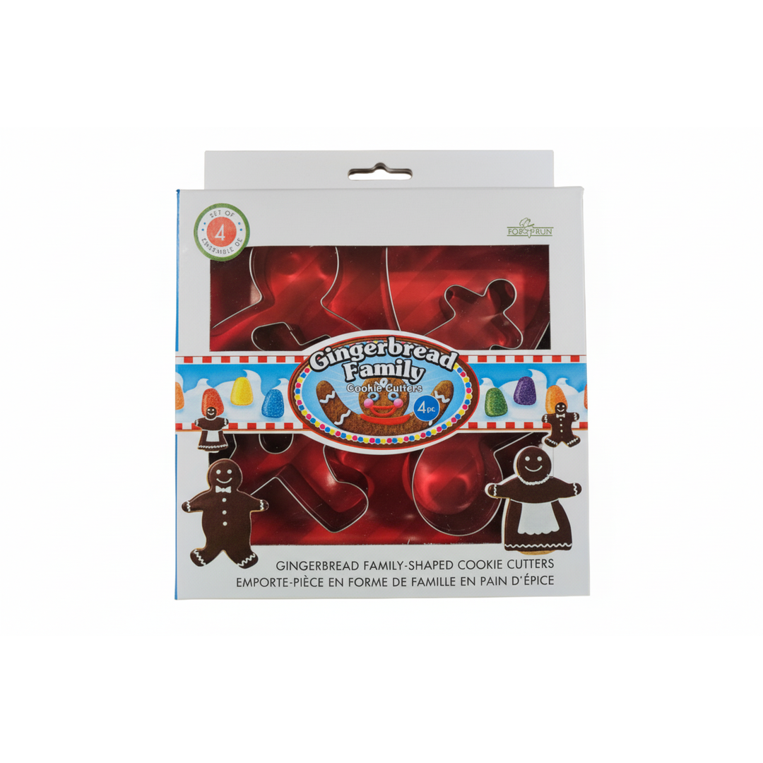 Box of gingerbread family-shaped cookie cutters with colorful illustrations on a white background