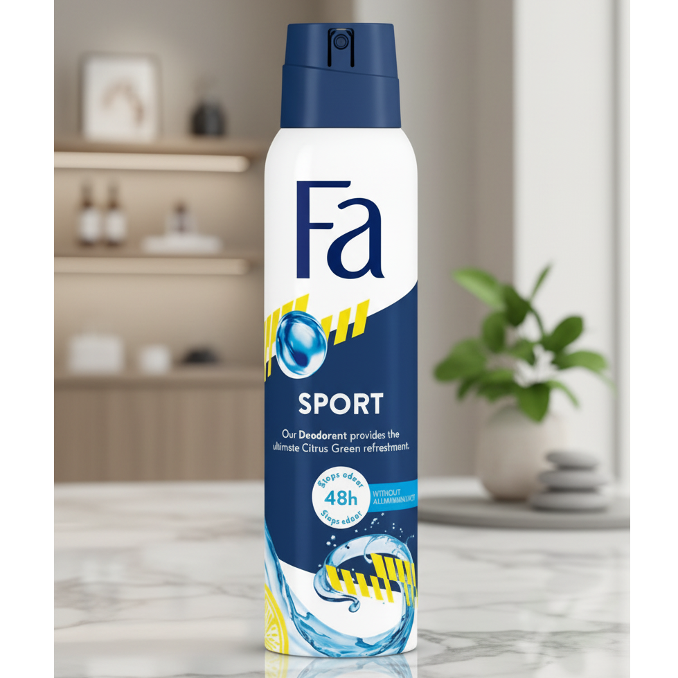 Fa Sport deodorant spray, 150 ml can on a bathroom counter