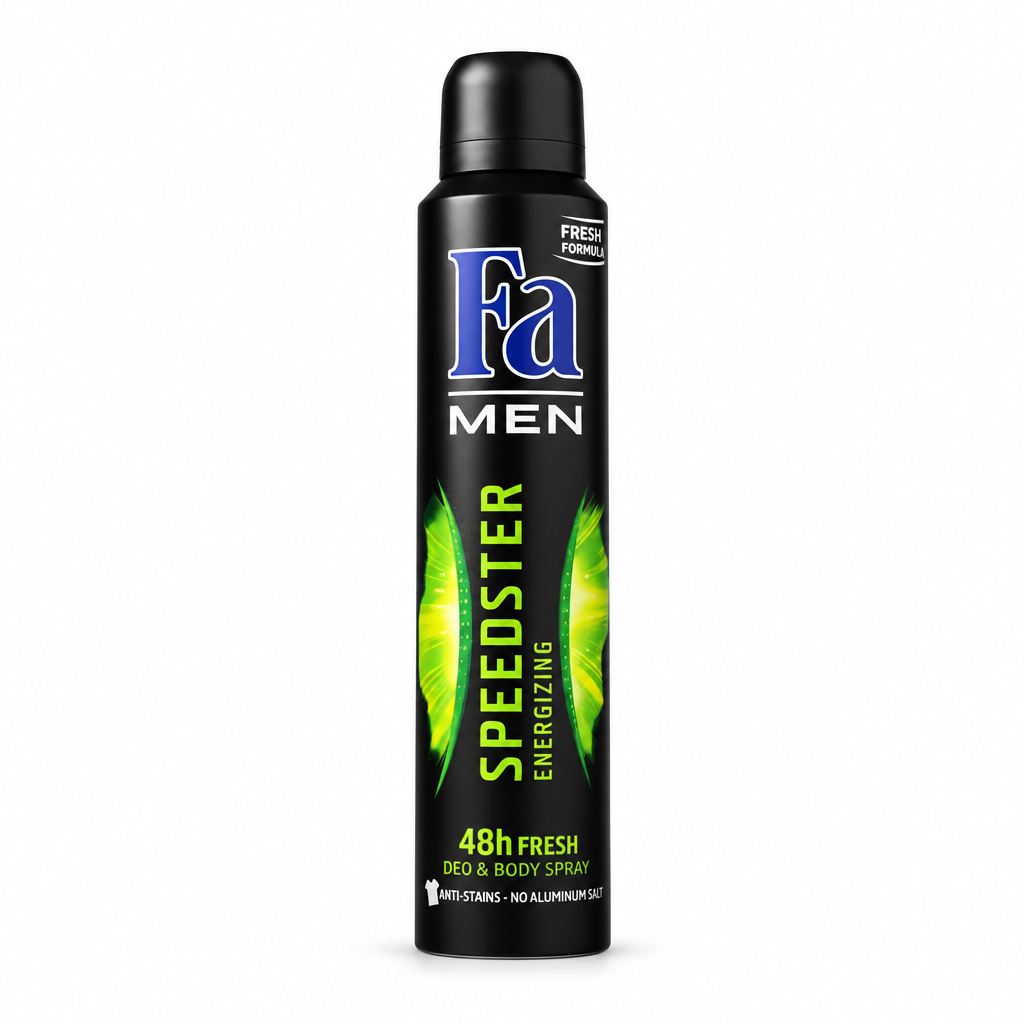 Fa Men Speedster deodorant spray 150 ml can centered on a pure white background