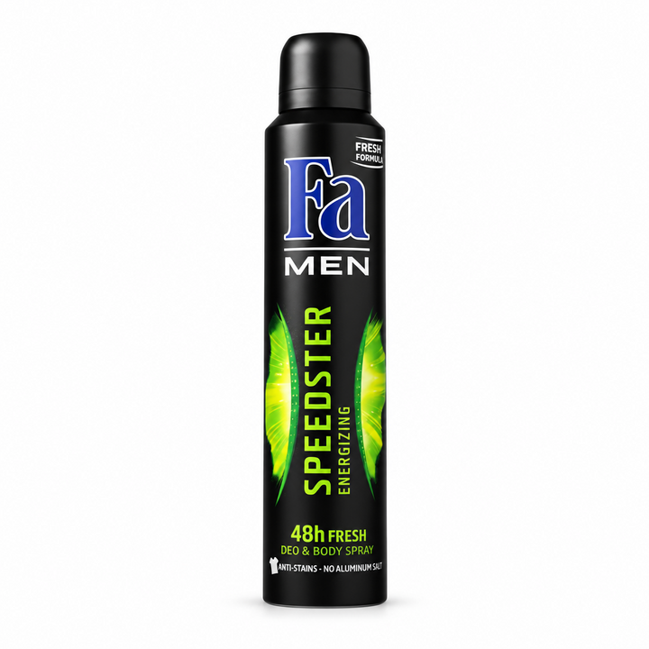 Fa Men Speedster deodorant spray 150 ml can centered on a pure white background