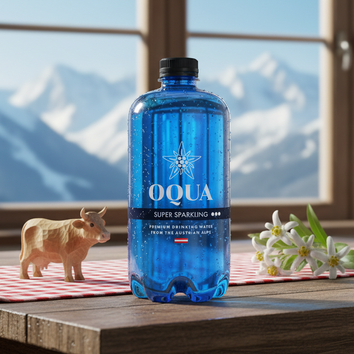 OQUA Super Sparkling alpine water blue bottle displayed against mountain scenery