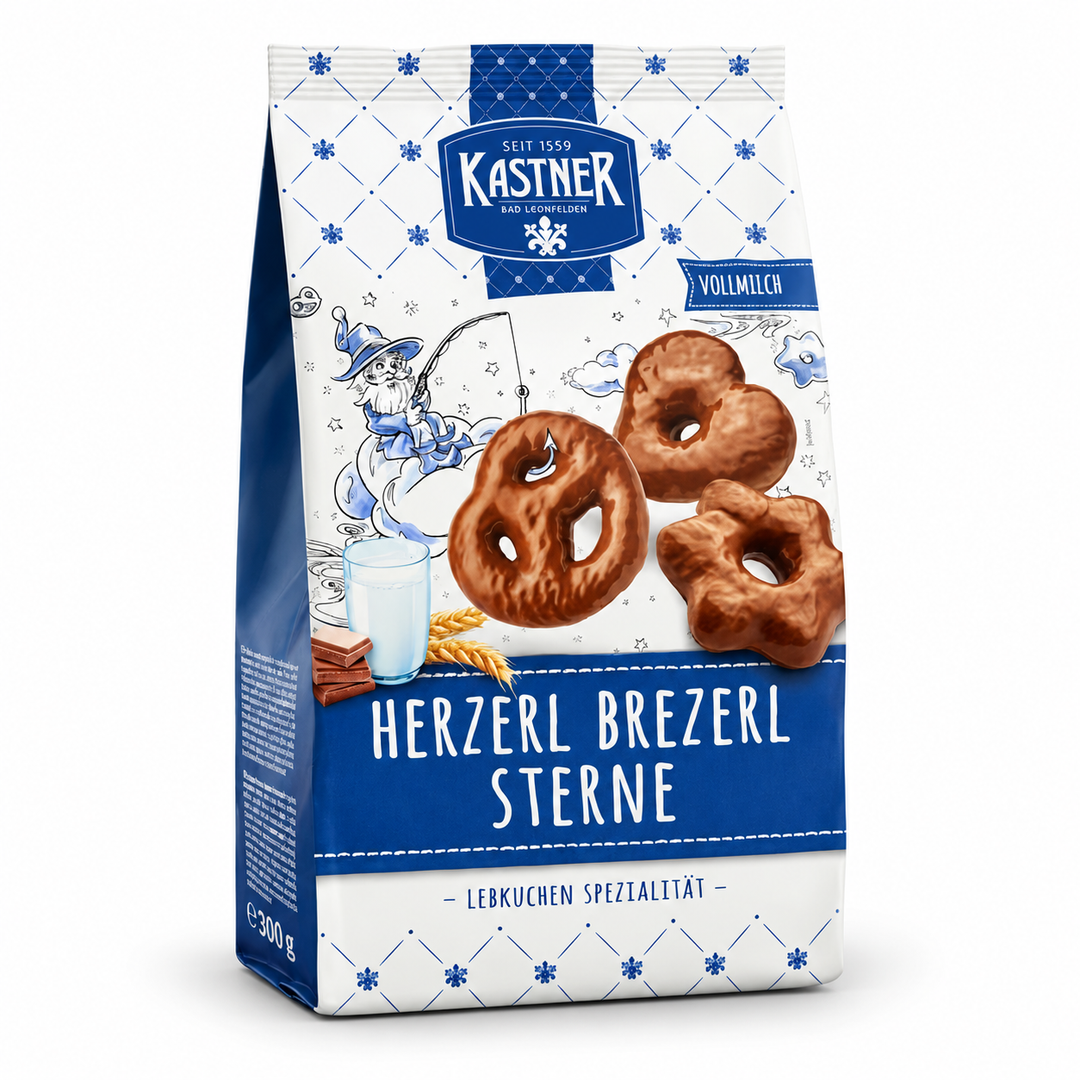 Kastner milk chocolate gingerbread hearts, pretzels and stars 300 g bag
