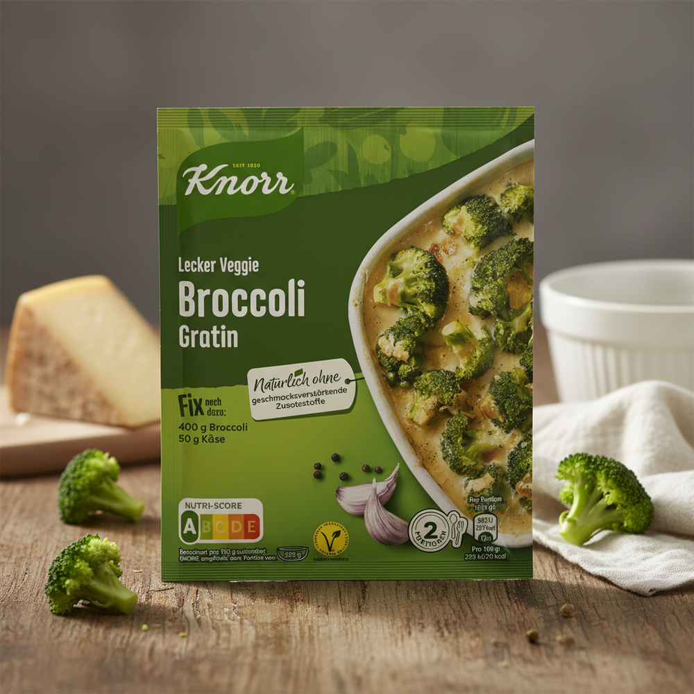 Knorr Broccoli Gratin 49 g seasoning packet beside broccoli and cheese