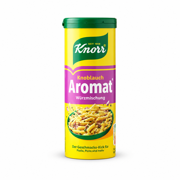 Knorr Garlic Aromat seasoning shaker on white background