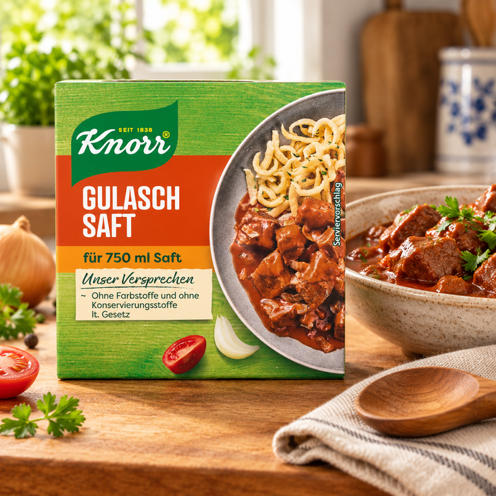 Knorr Gulasch Saft Cubes 78 g with a bowl of goulash