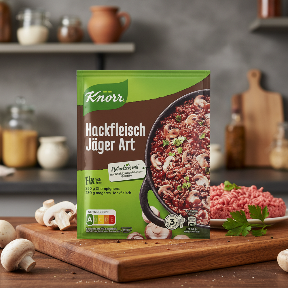 Knorr Hackfleisch Jäger Art seasoning mix 36 g packet in a kitchen scene