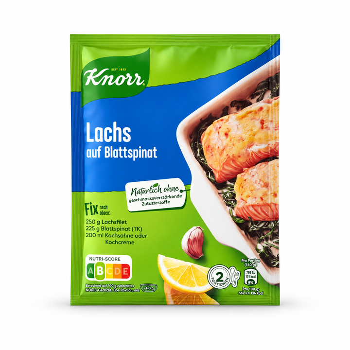 Knorr Fix Lachs auf Blattspinat 28 g seasoning packet, front view