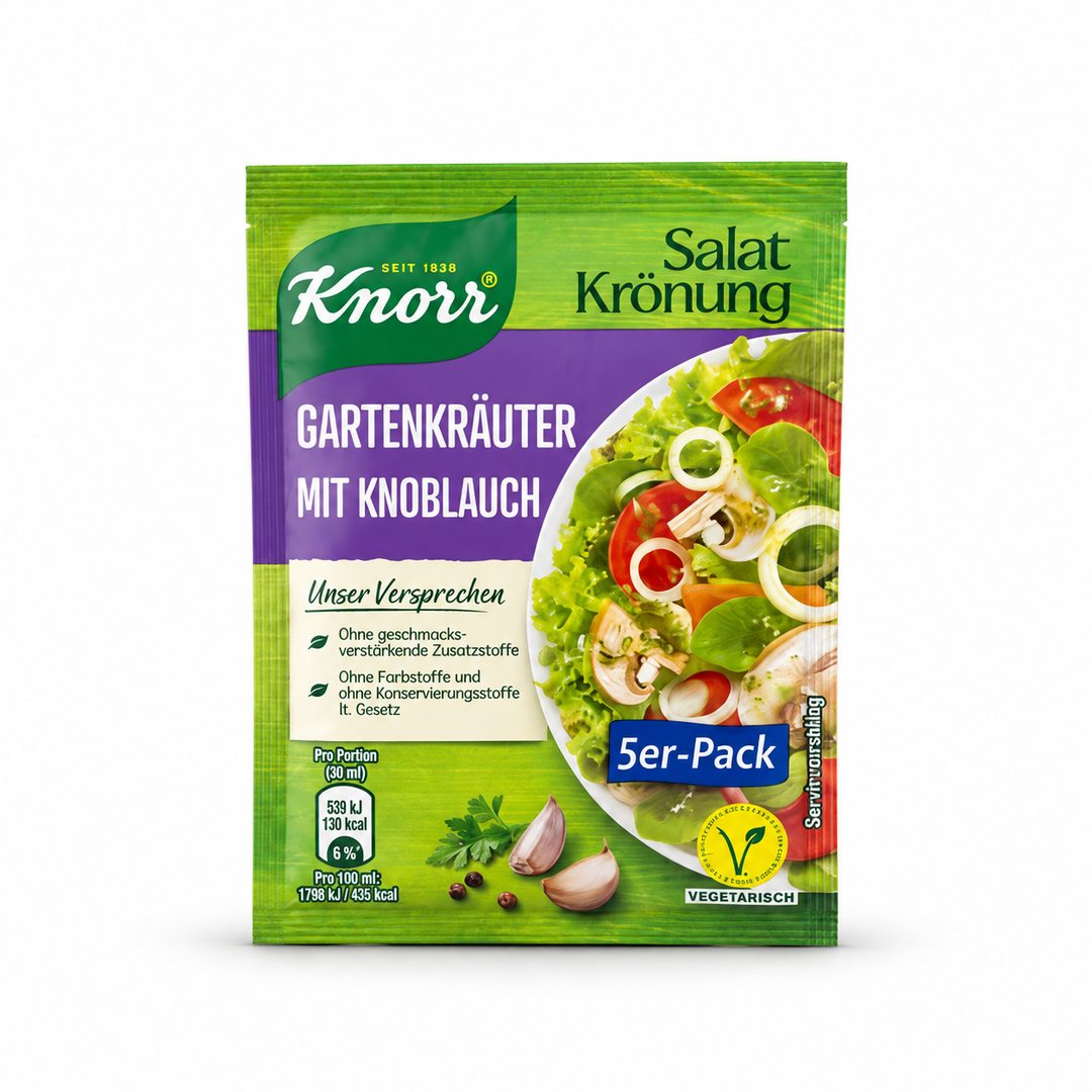 Knorr Salat Krönung Gartenkräuter with Garlic dressing mix, 5-pack box, front view