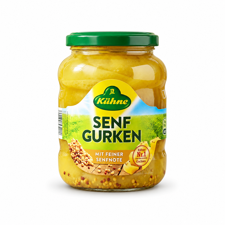 Kühne Senfgurken mustard pickles jar, front view