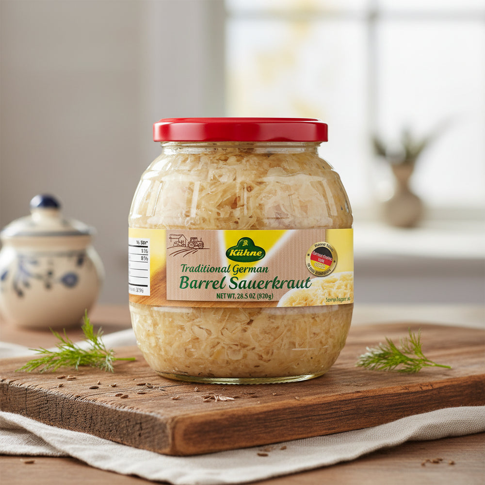 Kühne Barrel Sauerkraut, 810 g jar on a kitchen counter