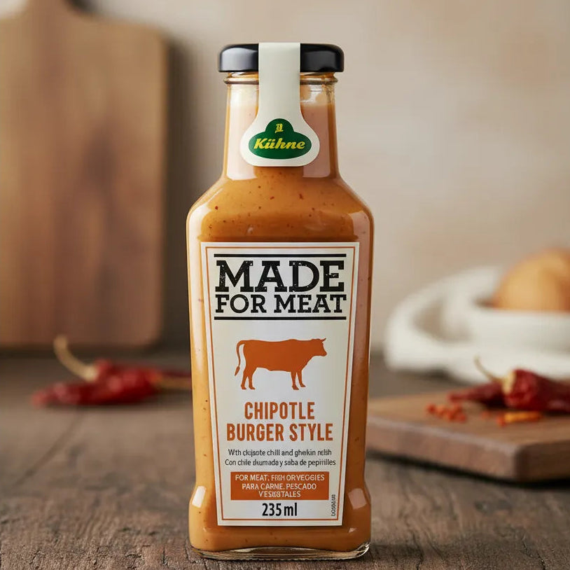 Kühne Made for Meat Chipotle Burger Style Sauce, 235 ml bottle, front view