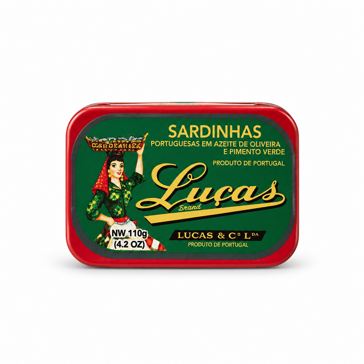 Luças Sardines in Olive Oil and Green Pepper 120 g tin, front view