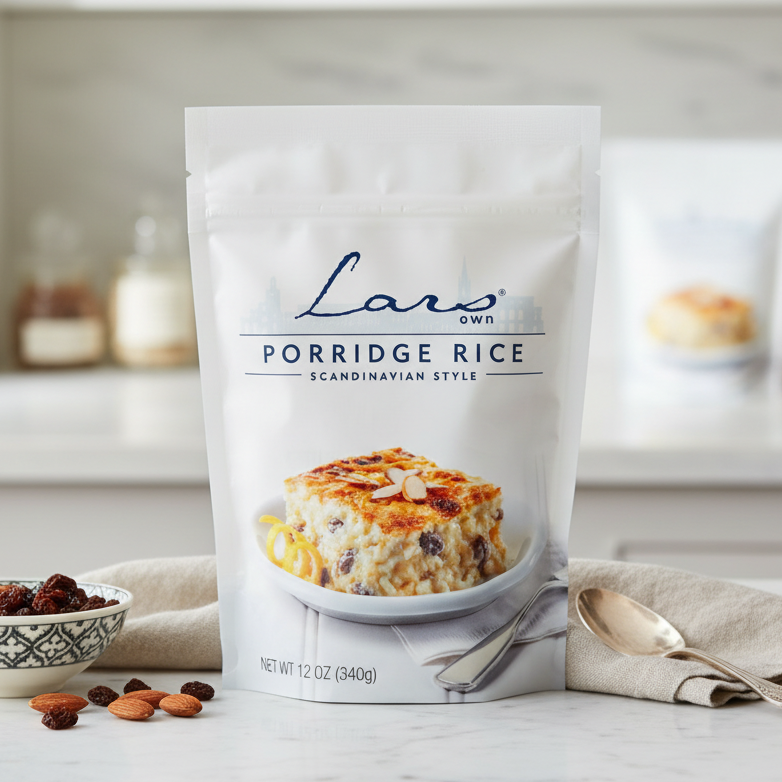 Lars Own Scandinavian-style porridge rice 12 oz pouch in a breakfast scene