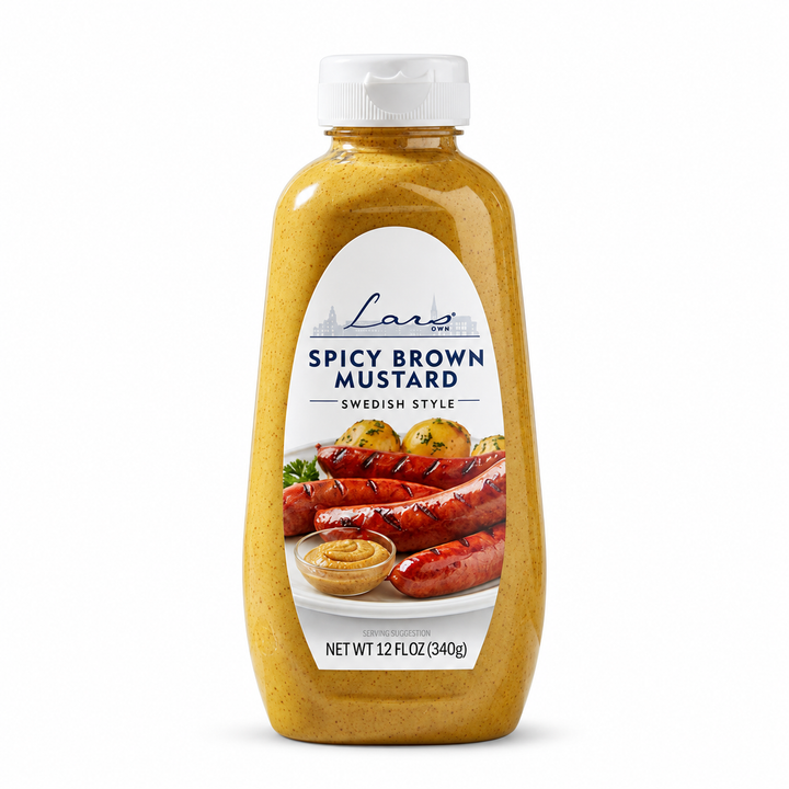 Lars Own Spicy Brown Swedish Style Mustard, 12 fl oz bottle, front view