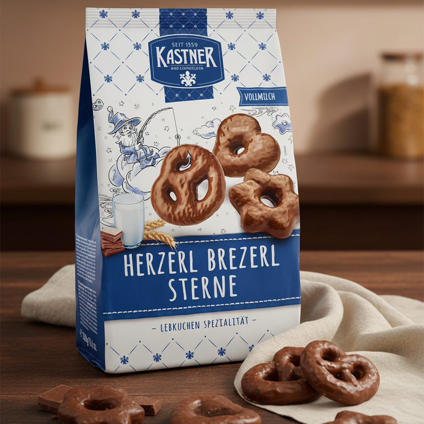 Kastner milk chocolate gingerbread hearts, pretzels and stars, 300 g package with gingerbread pieces