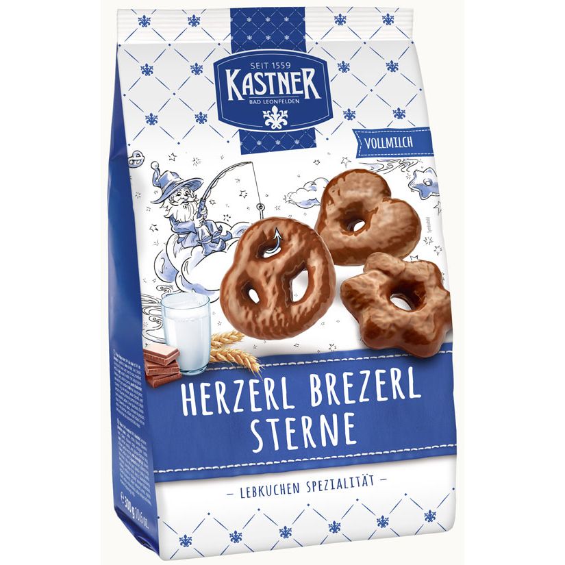 Kastner milk chocolate gingerbread hearts, pretzels and stars, 300 g blue and white package