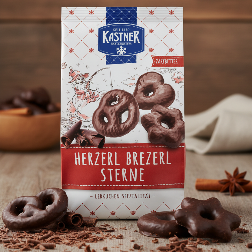 Kastner dark chocolate gingerbread hearts, pretzels and stars, 300 g package with gingerbread pieces