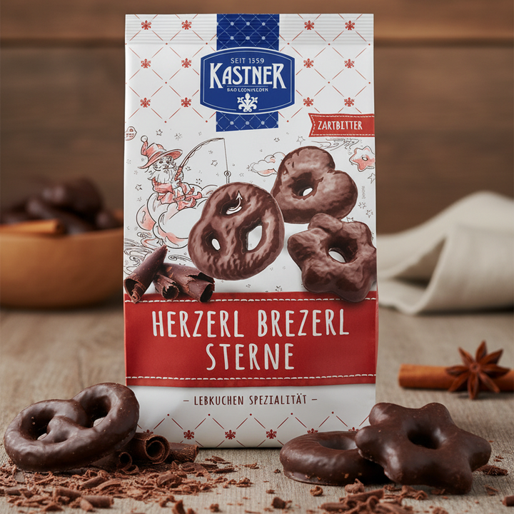 Kastner dark chocolate gingerbread hearts, pretzels and stars, 300 g package with gingerbread pieces