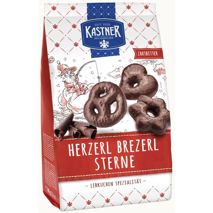 Kastner dark chocolate gingerbread hearts, pretzels and stars, 300 g red and white package