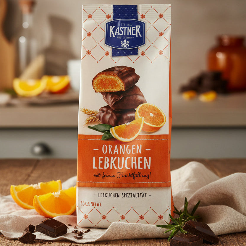 Kastner Orangen Lebkuchen orange gingerbread package beside orange slices and chocolate-coated gingerbread