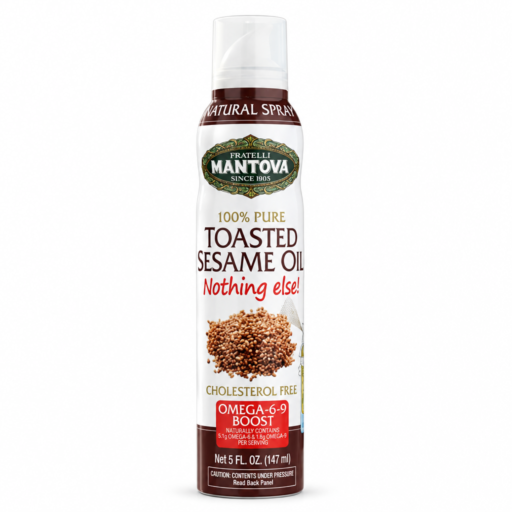 Mantova 100% Pure Toasted Sesame Oil spray bottle centered on a pure white background