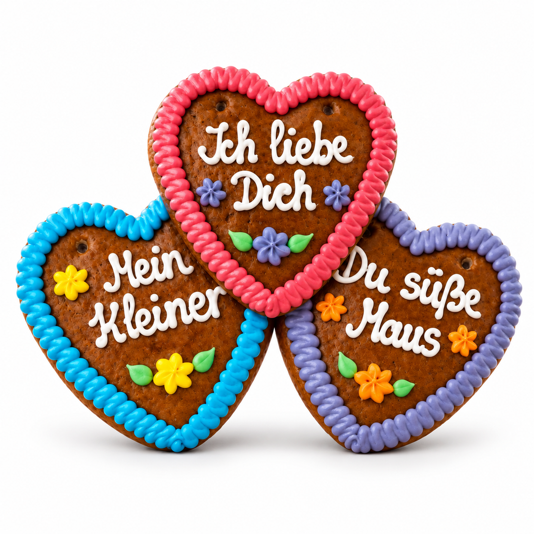Three decorated Annabell’s Oktoberfest Lebkuchen hearts with German sayings