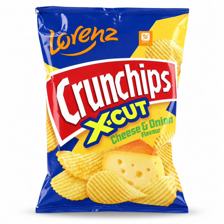 Lorenz Crunchips Cheese & Onion Potato Chips - 130g centered on a pure white background