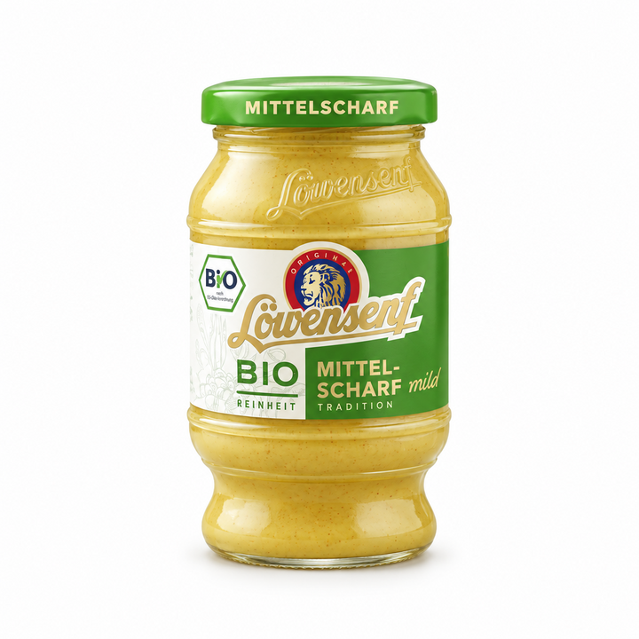 Löwensenf Bio Mittelscharf mustard jar, front view