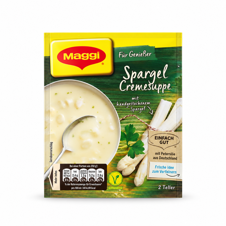 Maggi Cream of Asparagus Soup Mix product packaging centered on a white background