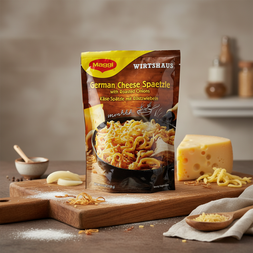 Maggi German Spaetzle with Roestzwiebeln (Roasted Onions) in Cheese Sauce