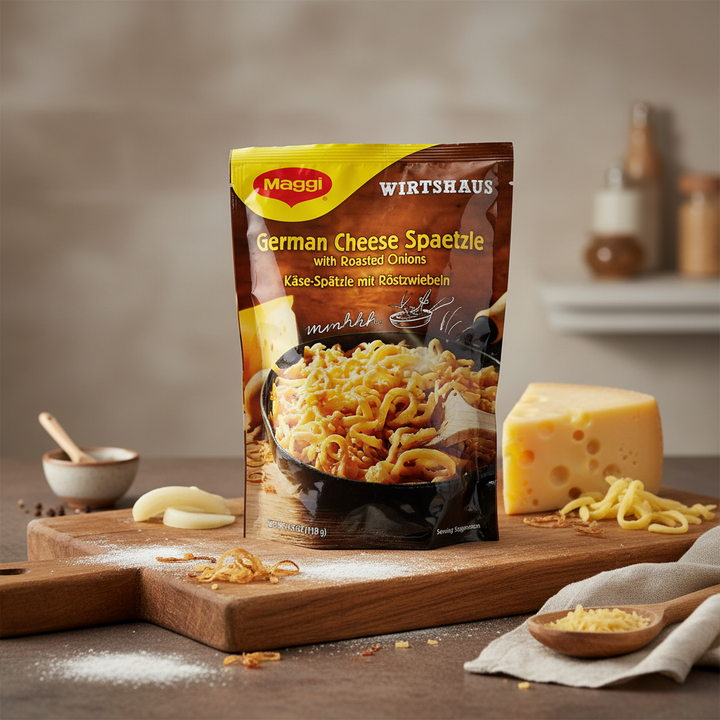 Maggi German Spaetzle with Roestzwiebeln (Roasted Onions) in Cheese Sauce