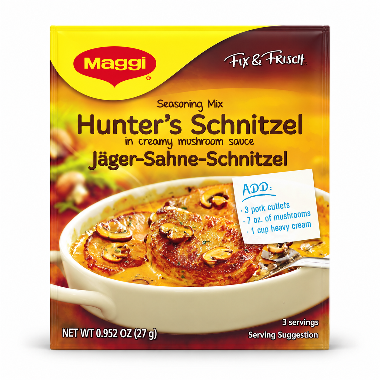 Maggi Jager Schnitzel (Hunter) Mix in Creamy Mushroom Sauce product packaging centered on a white background