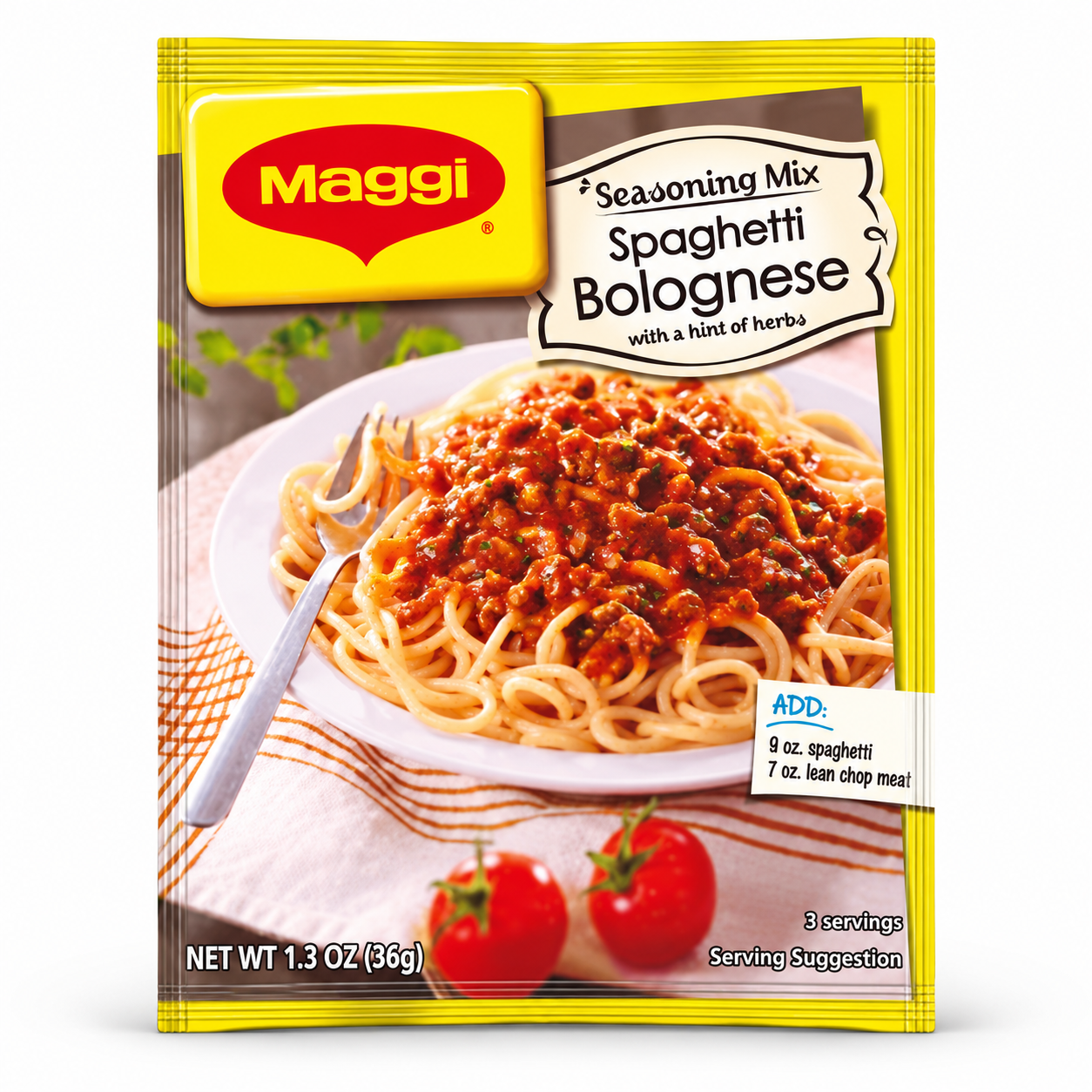 Maggi Spaghetti Bolognese product packaging centered on a white background