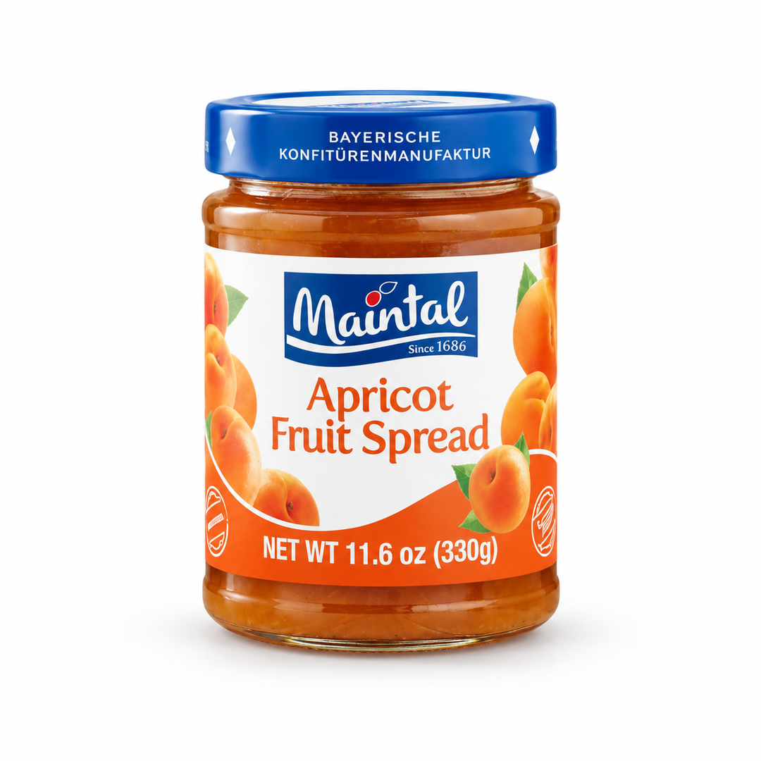 Maintal Apricot Fruit Spread, 330 g glass jar with blue lid and orange apricot label on a white background