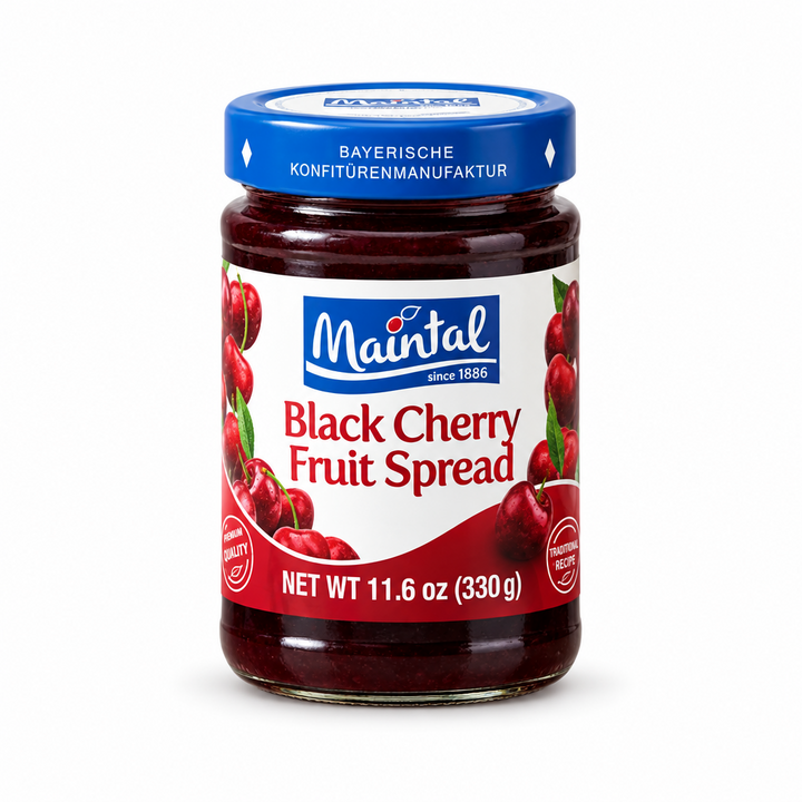 Maintal Black Cherry Fruit Spread jar on a white background