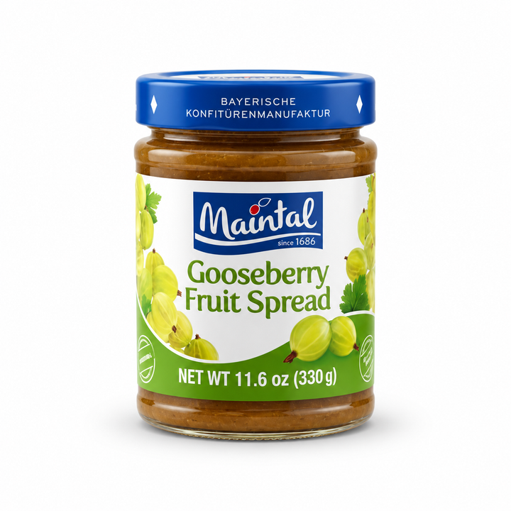 Maintal Gooseberry Fruit Spread, 330 g glass jar with blue lid and green gooseberry label on a white background